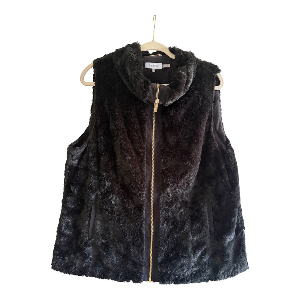 Calvin Klein Black Faux Fur Zip Up Vest Women XL Sleeveless Jacket Gold Hardware